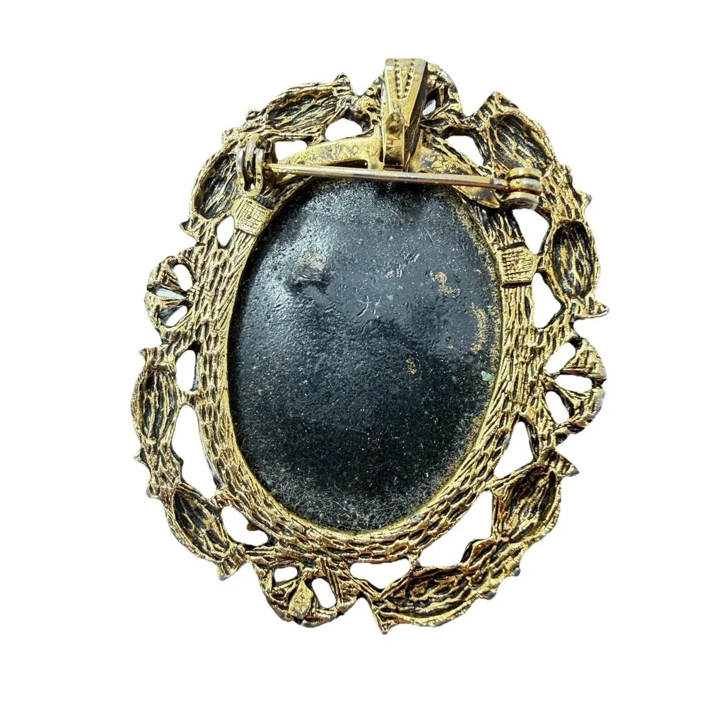 Vintage 1970s Black Resin Pressed Flower Brooch Pendant Ornate Gold Tone